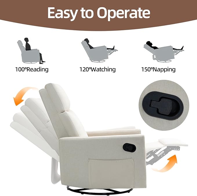 Swivel Rocker Recliner Chair, Upholstered Fabric Nursery Rocking Glider Chair with Adjustable Backrest and Footrest, Lay Flat Recliner Single Lazy Sofa for Living Room(Beige)