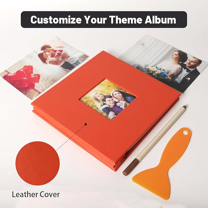 RECUTMS Small Photo Album Self Adhesive Scrapbook Magnetic Photo Albums for 4x6 5x7 8x10 Pictures for Baby Family Wedding 40 Pages with Metal Pen and Plastic Board (Orange)