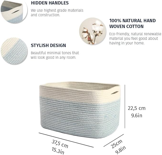 OrganiHaus White and Blue Basket | Coiled Rope Basket with Handles | Woven Basket for Storage | Nursery Storage Basket | Decorative Storage Basket | Towel Baskets for Bathroom | Baby Toy Basket