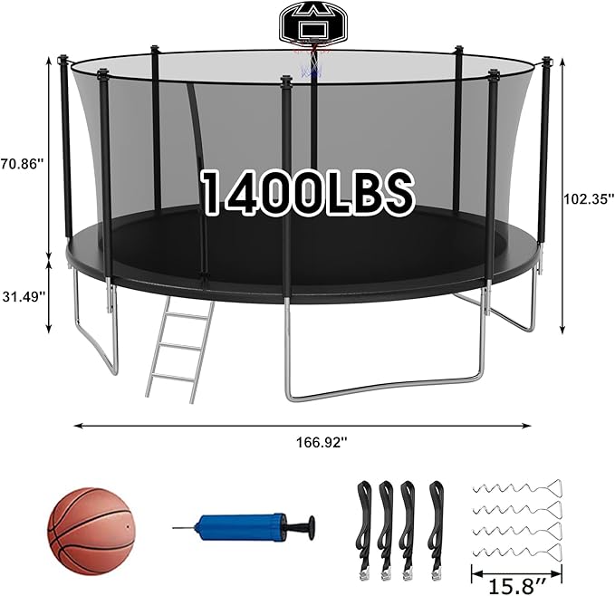 SKYUP Tranpoline 1500LBS 16 15 14 12 10 8 FT Tranpoline for 7-10 Kids and Adults, Windproof Outdoor Tranpoline with Enclosure Net, Basketball Hoop, Easy to Install & Last Long - ASTM Approved