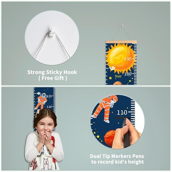 Cute Animals Growth Chart for Kids Baby Height Chart Ruler Removable Canvas Wooden Frame Hanging Wall Rulers Measurement Charts for Toddler Room Nursery Decor - 79"X7.9" with Black Wood