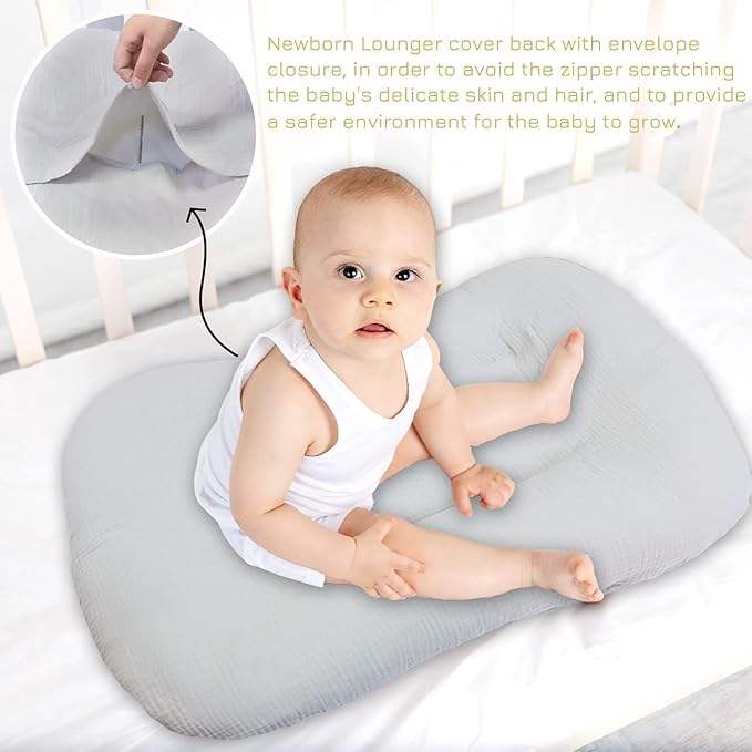Hooyax Baby Lounger Cover 2 Pack - 100% Muslin Cotton Newborn Lounger Pillow Covers Only, Soft Breathable Infant Lounger Cover with Reinforced Stitching, Fits Most Standard Baby Loungers (Grey Cream)