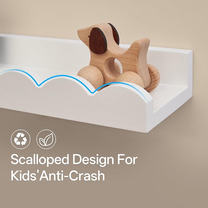 Nursery Book Shelves, Scalloped Floating Shelves 24inch Set of 2 Solid Pine Wood Wall Mounted Bookshelf with Wave Lip for Bedroom Kids, Toddler Room, Baby Room