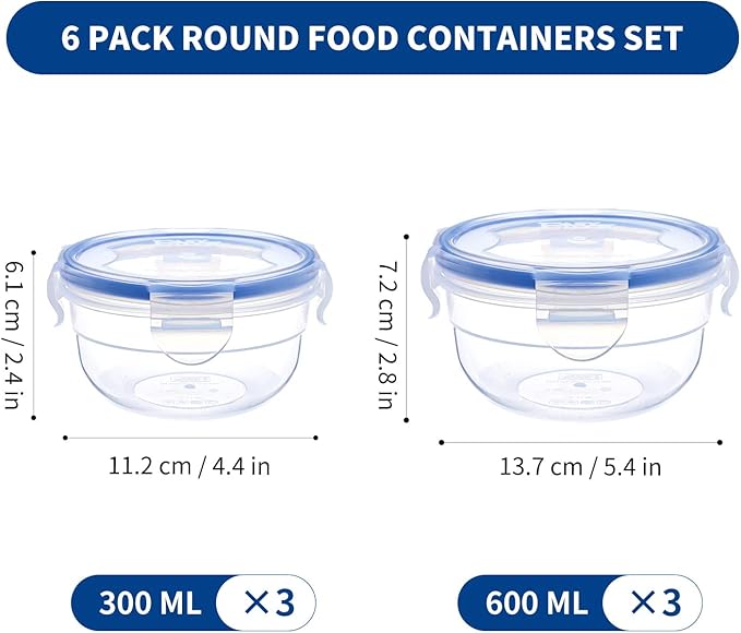 KIGI 6 PACK 20oz 10oz Plastic Mixing Bowls Set with Lid Leakproof Food Storage Container Set Portion Control Bento Box