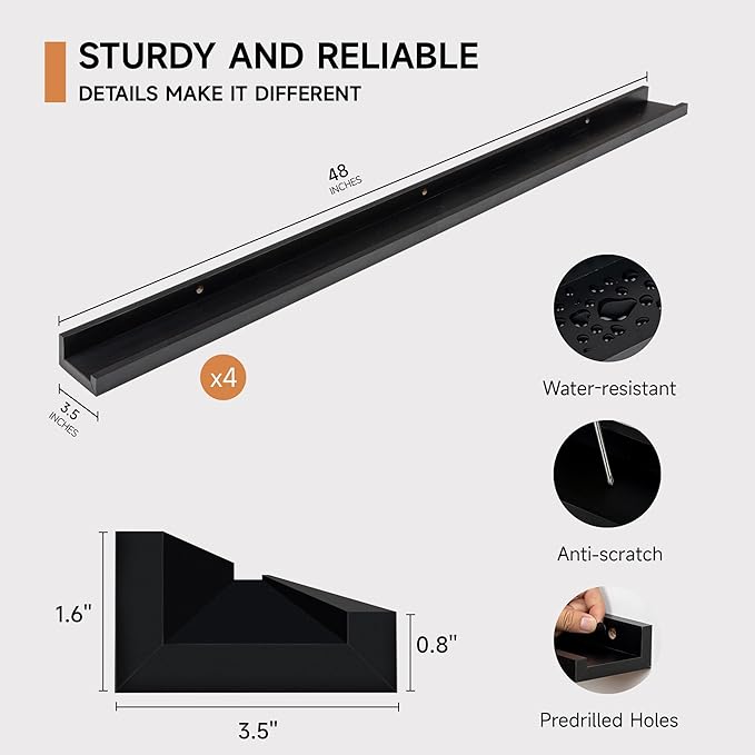 Picture Ledge Shelf for Wall, Floating Shelves Set of 4, 48 Inch Long Nursery Book Shelves for Toys Storage, Kids Bookshelf Wall Mounted for Books Photo Frames, Black