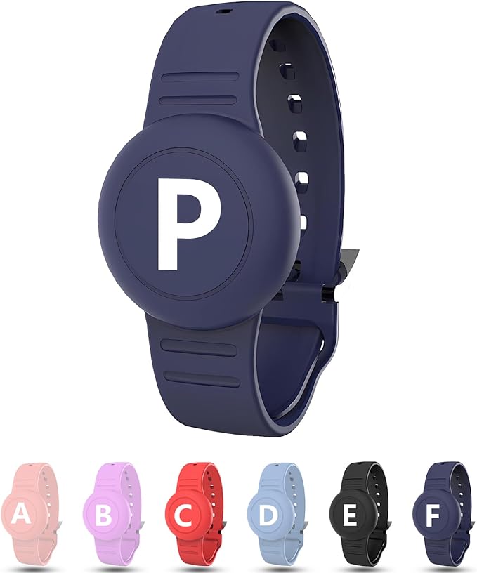 Waterproof Bracelet for AirTag Kids, Personalized Initial Letter Hidden Holder Compatible with Air Tag, Silicone Case for Airtag Adjustable Anti-Lost GPS Tracker for Toddler Child Elder, P