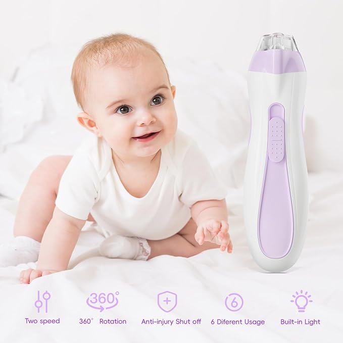 Baby Nail Trimmer Electric, 15 in 1 Baby Nail Clippers for Gentle Nail Care, Rechargeable Baby Nail File Electric with Light &15 Grinding Pads for Infant Toddler, Purple