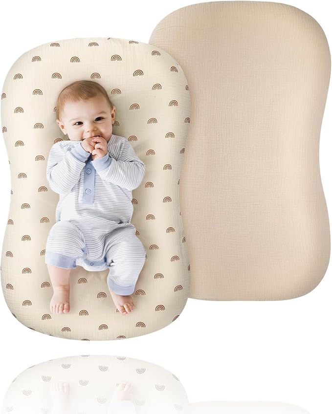 Muslin Baby Lounger Cover for Snuggle Me Organic Lounger/Baby Lounger/Organic Cotton Handmade Cover for Infant/Toddler Lounger (Yellow Rainbow, Beige)