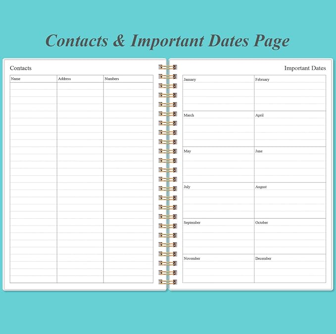 Daily Planner Undated - A5 To Do List Notebook Hourly Schedules, Spiral Appointment Planner for Women and Men, PVC Hardcover, Inner Pocket, Elastic Closure, 5.8" x 8.3", Teal Flowers