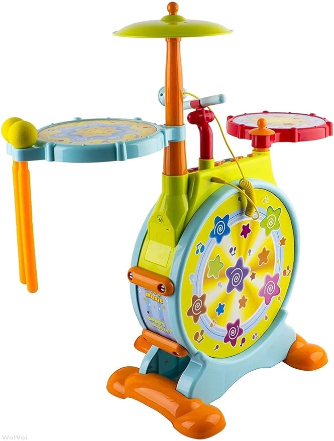 Play Baby Musical Big Toy Kids Drum Set with Adjustable Mic and Seat - Many Functions and Activities for Hours of Play - Pretend to Be A Real Drummer with Drumsticks, Pedals, and Bass Drum