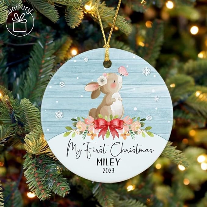Unifury Personalized Baby First Christmas Ornament 2024, Adorable Keepsake for Babies First Christmas Tree, Holiday Decor for Celebrating Ceramic Babys 1st Christmas Ornament 2024, Animal Baby