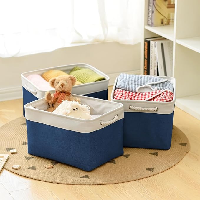 TheWarmHome Organization and Storage for Organizing - 3 Pack 16x12x12 inch Cube Storage Bin for Shelves, Fabric Storage Cubes for Closet Cloth Organizer Gift Toy (White & Jean Blue)