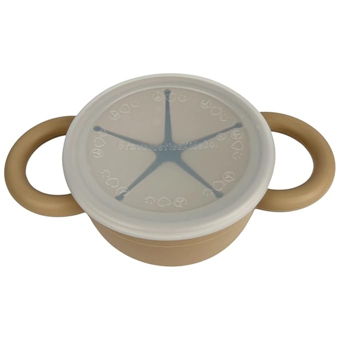 BraveJusticeKidsCo. | Snack Attack II Snack Cup | Collapsible Silicone Snack Container | Toddler and Baby Snack Catcher Lid (Warm Sand)