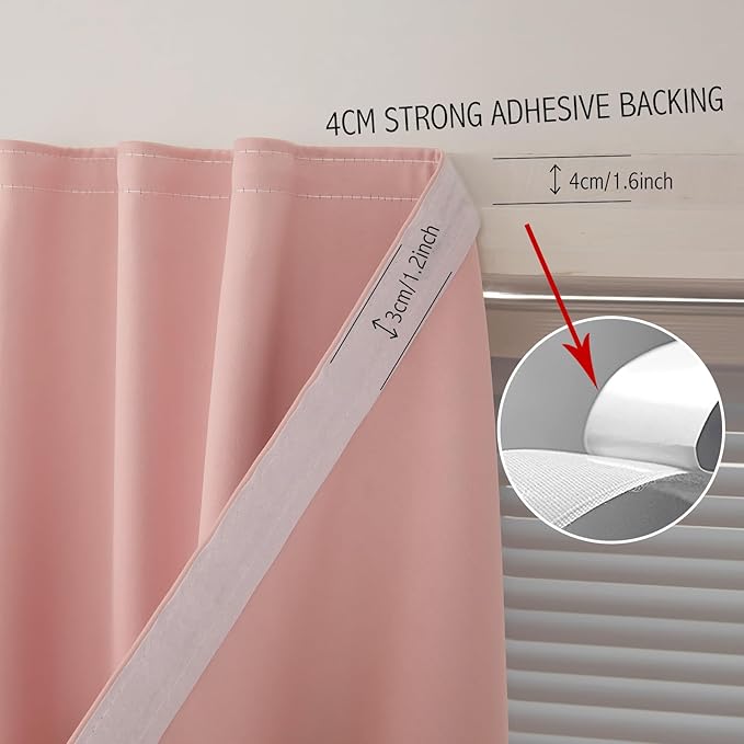 Self Adhesive Blackout Curtains- Stick on Curtains Shades Window Blinds Curtains No Rod Needed Easy to Hang Curtain, Use for Bedroom, Living Room,Roman Shades, 47" W X 79" L, Pink, 1 Panel