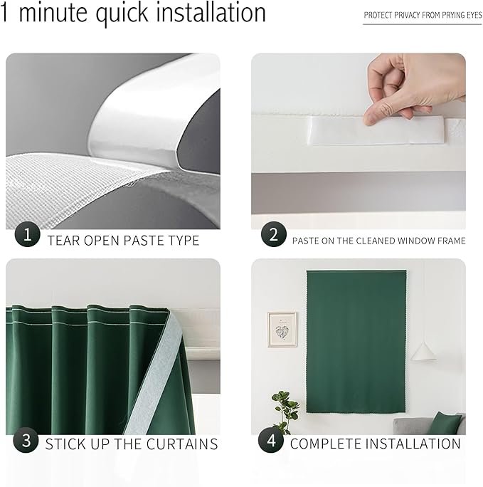 Blackout Curtains for Bedroom Stick On Curtains Window Shades Pull Down Blackout Window Cover No Drillng Self Adhesive Curtains No Rod Small Curtain, 35" W X 79" L, Dark Green, 1 Panel