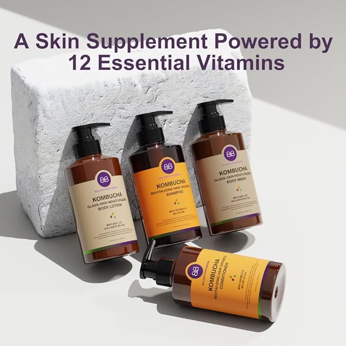 BALANCE YOUR BIOME Kombucha Glass-Skin Moisturizing Body Wash, K-Beauty,Fermented soybean, barley, Pear Juice, Pomegranates,12 Vitamins, Nurishing, Cleansing, 16.9 fl.oz.500ml, No Silicone