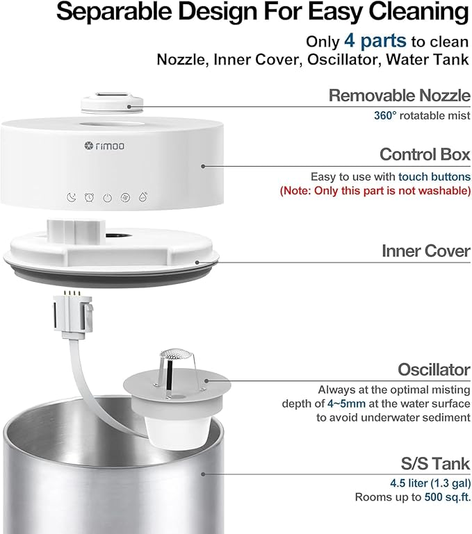 Stainless Steel Humidifier, 4.5L Easy to Clean Humidifier with 304 Stainless Steel Tank, Cool Mist Humidifiers for Bedroom with Smart Humidistat & Timer, 25dB Sleep Mode for Baby, Plants