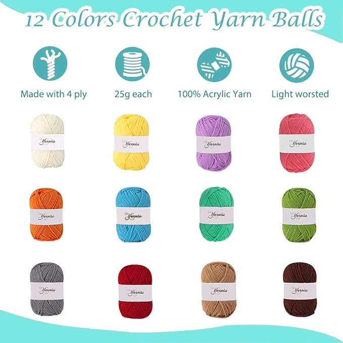 Yarniss Crochet Kits for Beginner, All-Inclusive Crochet Kit for Adults with 14 Size Ergonomic Crochet Hooks,12 Crochet Yarns Balls & Crochet Bag