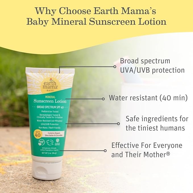 Earth Mama Baby Mineral Sunscreen Lotion SPF 40 | Non-Nano Zinc, Natural Water Resistant Sun Cream for Babies, Kids & Adults, 3-Ounce (2-Pack)