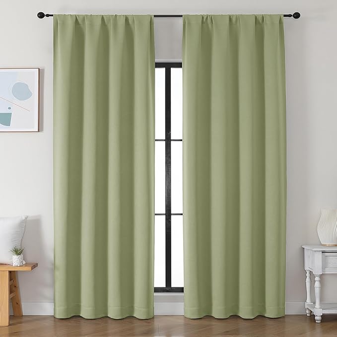 Simplebrand Ava Sage Green Blackout Curtains for Bedroom 90 Inches Long 2 Panels Set, Solid Privacy Energy Saving Living Room Window Treatment Curtains Blackout Drapes, W50 x L90 Inch, Sage Green