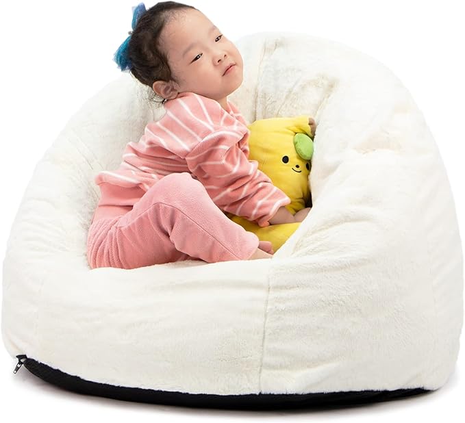 N&V Small Bean Bag Chair for Kids, Children Mini Bean Bag Sack, Foam Filling, Includes Removable and Machine Washable Cover, 27in, Soft Faux Fur (White)