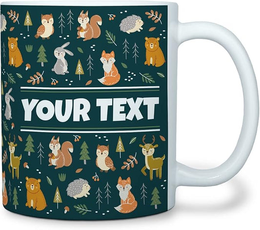 Personalized Mug for Kids - Woodland Animals - Custom Name/Text, Ceramic Hot Chocolate/Cocoa/Coffee Cup for Boys/Girls, Birthday/Christmas/Holiday Gift - 11 oz, White Handle