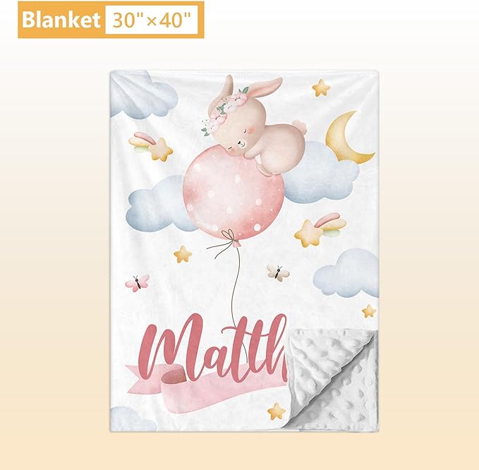 Personalized Baby Crib Bedding Set, 5 Pcs Custom Name Baby Crib Set with Double Layer Blanket, Soft Balloon Bunny Nursery Bedding Set for Girls Boys, Customized Gifts for Infants Toddlers