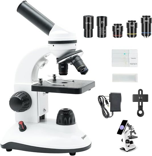 Microscope for Kids Starter Adults 64X-1280X Metal Monocular Microscope for Students School Home Education LED Lights Phone Holder Microscope Kit