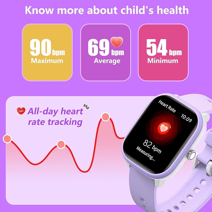 Kids Wach for Girls Boys 6-15 Year Old - Smart Watch for Kids 1.8" Fitness Tracker,No Phone needed,Pedometer Sleep Monitor Heart Rate Waterproof,Puzzle Game for Girls Boys Teens Birthday Gift (Purple)