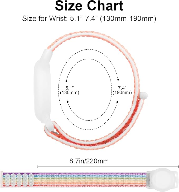 Kids Wristband Protective Case Compatible with Apple AirTag, Adjustable Nylon Bracelet for Air Tag GPS Tracker Holder with Anti Lost Watchband for Toddler Child Kids (Pink+White Rainbow)