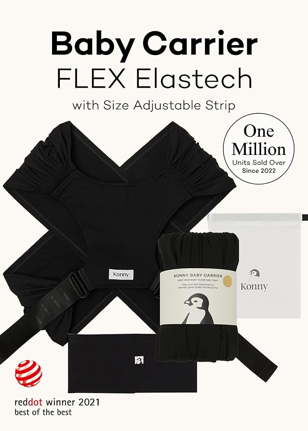 Konny Baby Carrier Flex SoftBreeze with Head Support - Adjustable, Easy to Wear Baby Wrap Sling, Perfect for Newborn Babies Essentials up to 44 lbs (M-4XL) - Black