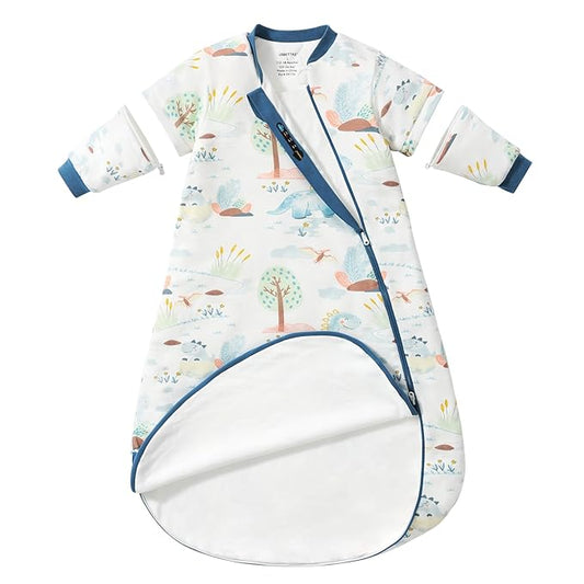 Baby Sleep Sack 6-12 Months, Cotton Detachable Long Sleeve Sleep Sack, 1.0 Tog Toddler Sleeping Sack with Temperature Strips, 2-Way Zipper Wearable Blankets for Newborns, Dinosaur