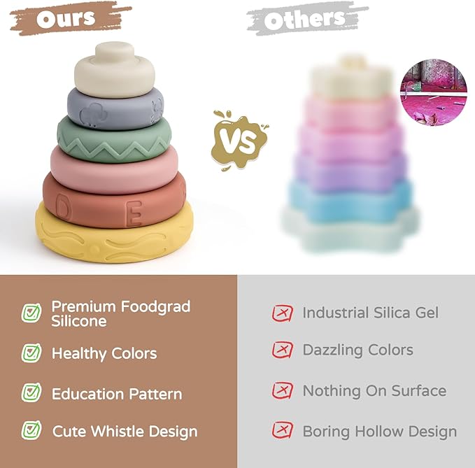 Mini Tudou 6 Pcs Stacking & Nesting Circle Toy,Soft Building Rings Stacker & Teethers,Squeeze Play with Early Educational Learning Stacking Tower, Toy for 6+ Months Boys&Girls