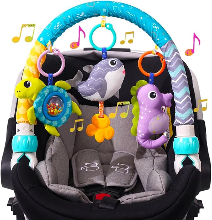 Baby Stroller Arch Toy, Clip On Arch Mobile for Bassinet with Universal Clamps, Activity Toy Bar for Bouncer Musical Crib Mobile Toys for Infants Car Seat Toys Rattle Turtle Music Whale