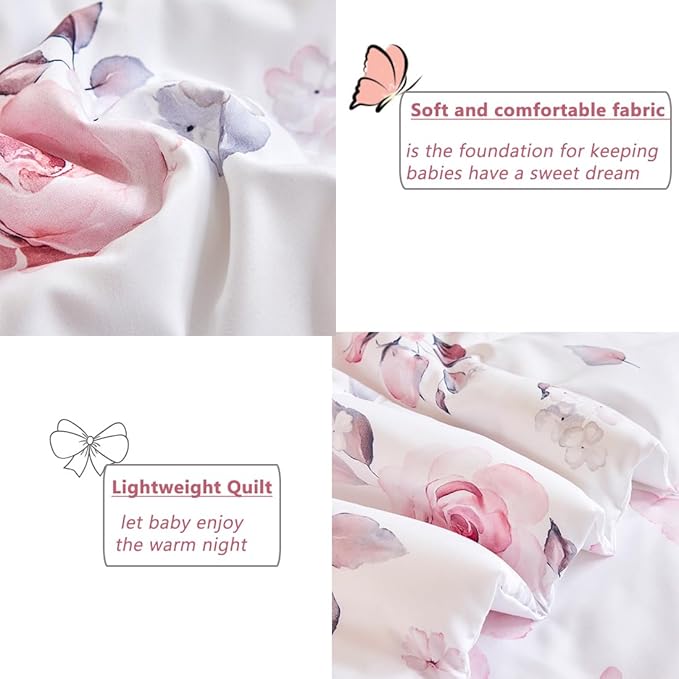 PERFEMET Floral Toddler Bedding 4-Piece Pink Flower Toddler Girls Comforter with Sheet Set Reversible Butterfly Crib Bed Sets-Comforter, Fitted Sheet,Flat Sheet,Pillowcase