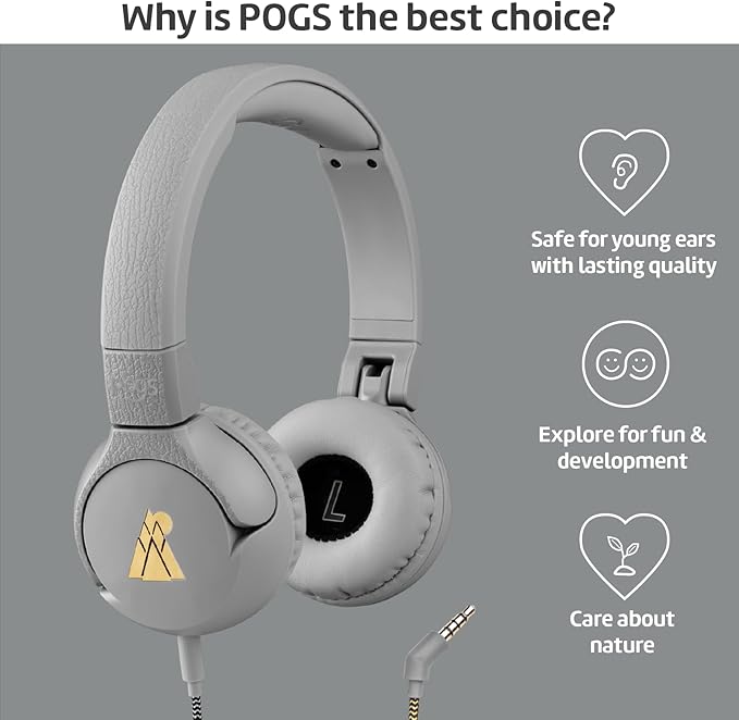 POGS Kids Wired Headphones | The Elephant 2 | Adjustable, Durable Headphones for Kids 3+ | Limited to 85 dB, Microphone | On-Ear | Music-Sharing Function Safe 3.5mm Audio Cable (3.2ft) (rGrey)