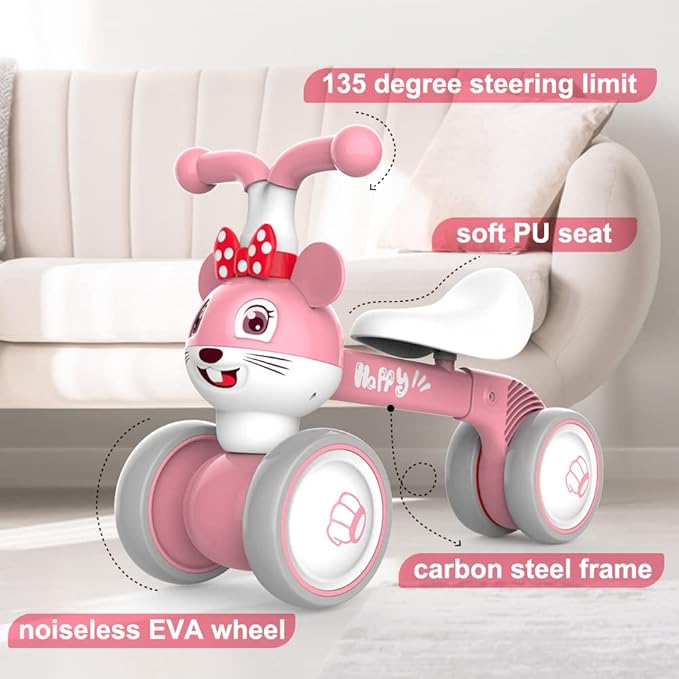 YGJT Baby Balance Bike for 1 + Year Old Boy and Girl, Indoor Outdoor Non-Pedal Baby Walker Toys for 10-36 Months Toddlers, Silent Wheels, 1st Birthday Gift, Kids First Bike Pink Mouse