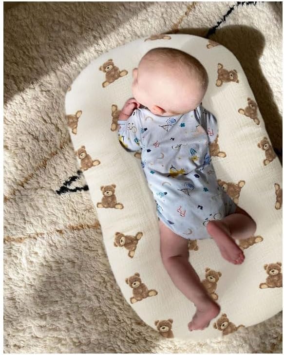 Little Jump Organic Cotton Muslin Baby Lounger Covers, 2 Pack, Soft Removable Slipcovers for Newborn Infant Lounger, for Girls Boys, Coffee Checkered (Teddey Bears & Kakhi)