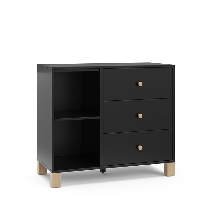 Storkcraft California 3 Drawer Combo Dresser (Black with Driftwood) – GREENGUARD Gold Certified, Interlocking Drawer System, Pre-Installed Drawer Tracks for Easier Assembly, Spacious Cabinet
