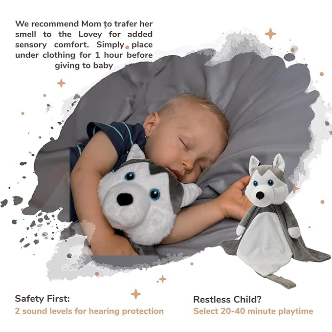 Love By Emi Baby Music Lovey Grey & White Husky, Baby Sleep Soother for Crib & Cuddle Bedtime, White Noise with Heartbeat & Lullaby, Plush Sound Toy, Stuffed Animal for Newborns, Infants & Toddlers