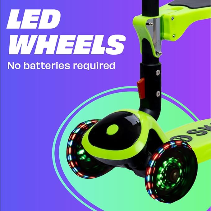 SKIDEE Kick Scooters for Kids Ages 3-5, Adjustable Height Foldable Scooter with Removable Seat, 3 LED Light Wheels, Rear Brake, Wide Standing Board, Suitable Up to 12 Year Old Boys/Girls