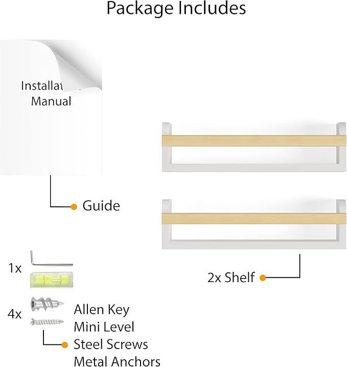Wallniture Florida 24 inch Wall Bookshelf for Kids Room, Floating Shelves Nursery Decor, Wood White Wall Shelf Set of 2 Kitchen, Bathroom Decor (16'')