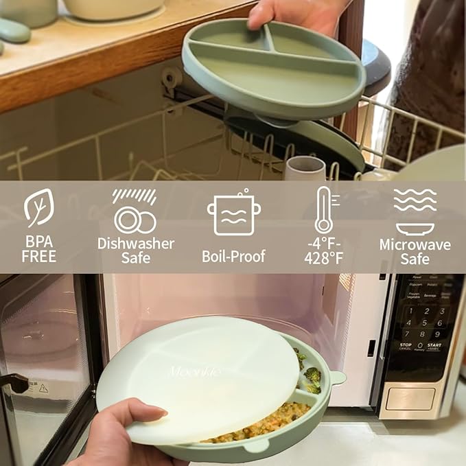 Moonkie Suction Plates for Baby | 100% Silicone BPA-Free Baby Plates with Lids and Food Cover | Divided Design | Microwave and Dishwasher Safe | Toddler Plates 3 Pack
