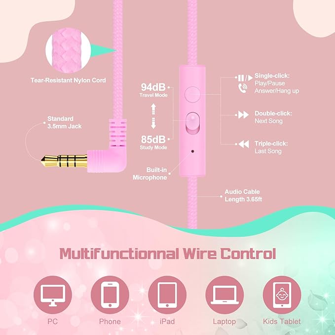 QearFun Kids Headphones Wired with Mic, 85/94dB Safe Volume Limit, Foldable Over Ear, Tangle-Free Cord & Sharing Port, Wired On-Ear Headset for School, Chromebook, Tablet, Travel - Boys & Girls