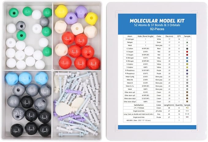 Swpeet 92 Pcs Chemistry Molecular Model Student and Teacher Set, Molecular Model Set for Inorganic & Organic Chemistry - 52 Atoms & 37 Bonds & 3 Orbitals