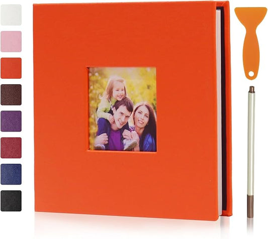 RECUTMS Small Photo Album Self Adhesive Scrapbook Magnetic Photo Albums for 4x6 5x7 8x10 Pictures for Baby Family Wedding 40 Pages with Metal Pen and Plastic Board (Orange)