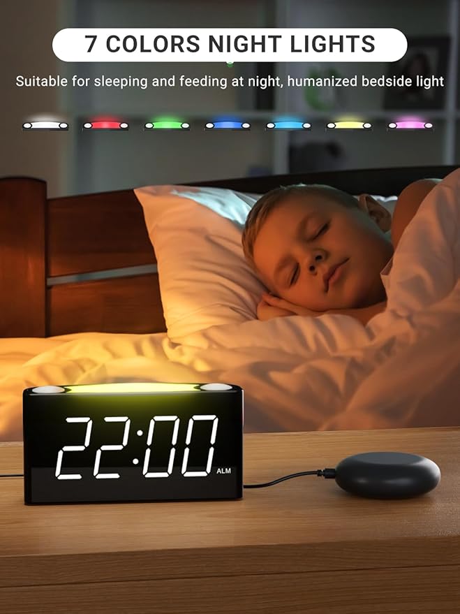 Vibrating Alarm Clock,PPLEE Loud Alarm Clock for Heavy Sleepers Hearing Impaired Deaf Teens,Bed Shaker Alarm Clocks for Bedrooms,5 dimmable,7 Color Night Light,USB charging,Type-C Charger,Memory Alarm