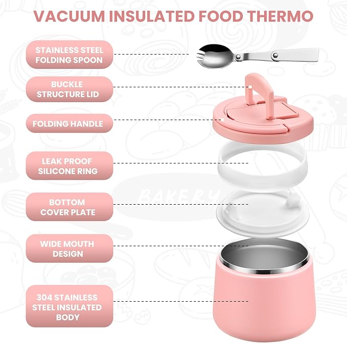 Soup Thermo for Hot Food Kids 14oz Lunch Containers with Buckle Lid Wide Mouth Hot Food Jar Vacuum Insulated Stainless Steel Bento Box Leakproof with Spoon(Pink)