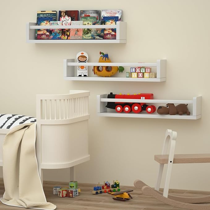 Nursery Floating Shelves for Kids Room, Wall Book Shelves for Kitchen Living Room, Book Shelf Wall Mounted for Baby Kids Bedoom Bathroom (White, 24inch Set 3)