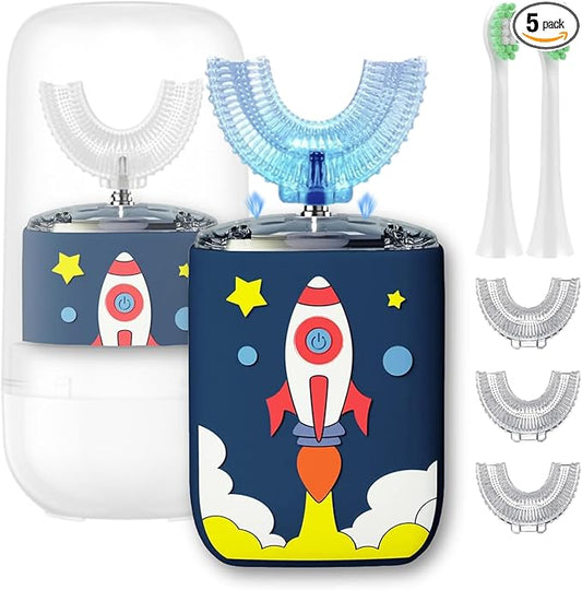 Kids U Shaped Electric Toothbrush Ultrasonic Automatic Brush with 5 Brush Head Rinse Cup 6 Clean Modes IPX7 Waterproof Whole Mouth Rechargeable Smart Timer Toothbrushes for Children Age 2-7
